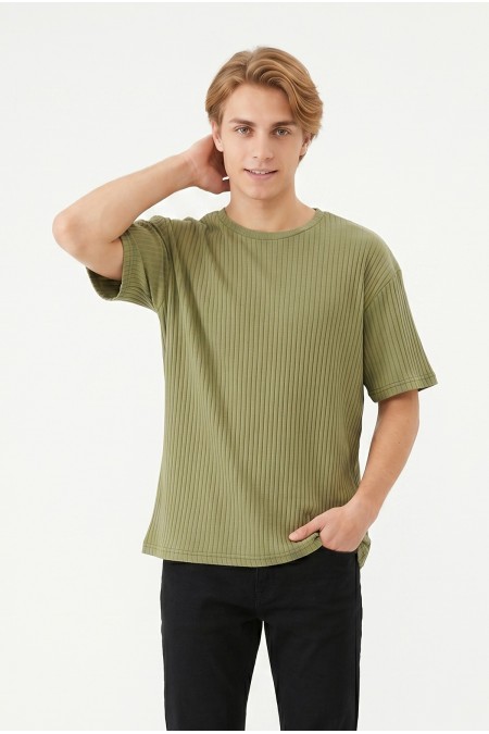Erkek Fitilli Kumaş Bisiklet Yaka Slim Fit Esnek Kısa Kollu Yazlık Tişört