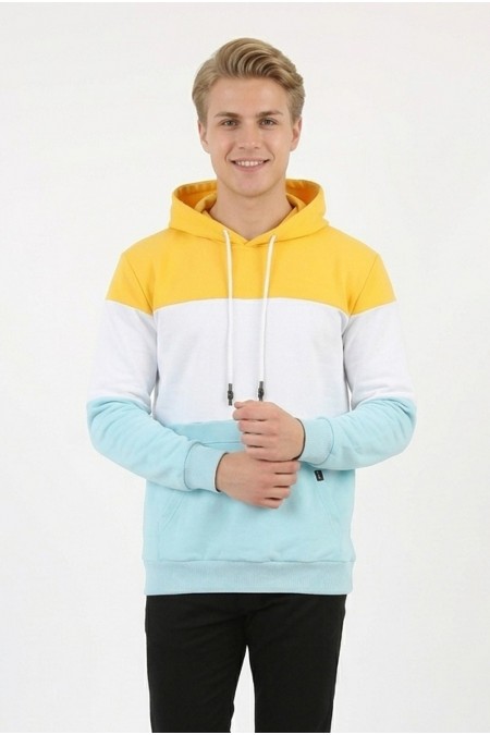 Erkek Üç İplik Şardonlu Kapüşonlu Parçalı Kanguru Cepli Günlük Sweatshirt