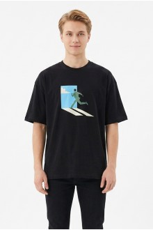 Erkek Oversize Bisiklet Yaka Koşan Adam Baskılı Tişört