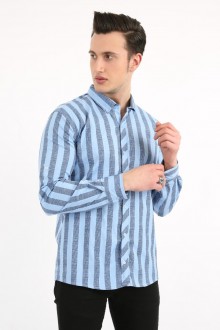 Dik Çizgili Likralı Mavi Gömlek