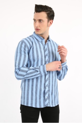 Dik Çizgili Likralı Mavi Gömlek