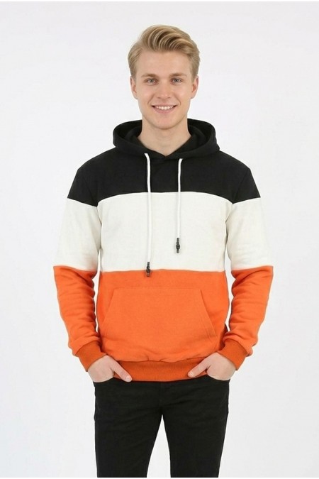 Erkek Üç İplik Şardonlu Kapüşonlu Parçalı Kanguru Cepli Günlük Sweatshirt