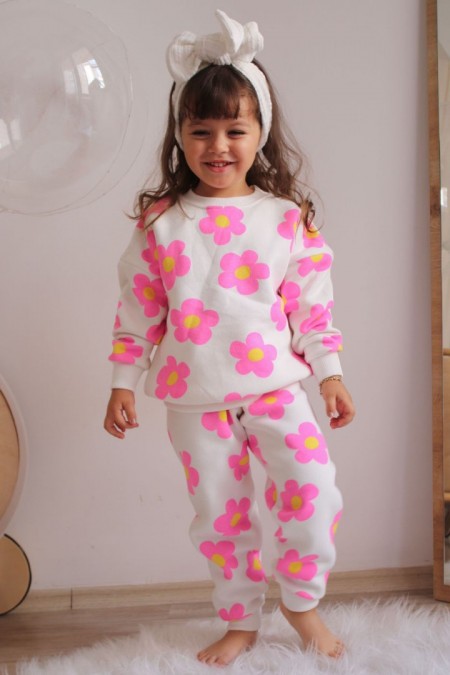 Üç İplik Şardonlu Baskılı Pembe Takım 