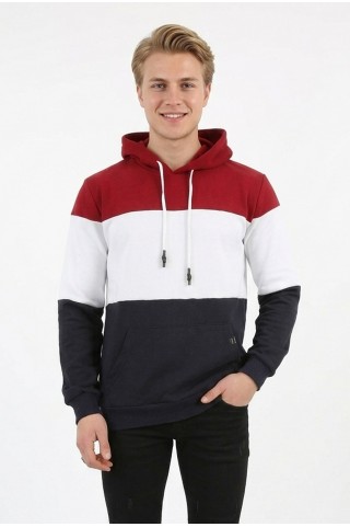 Erkek Üç İplik Şardonlu Kapüşonlu Parçalı Kanguru Cepli Günlük Sweatshirt