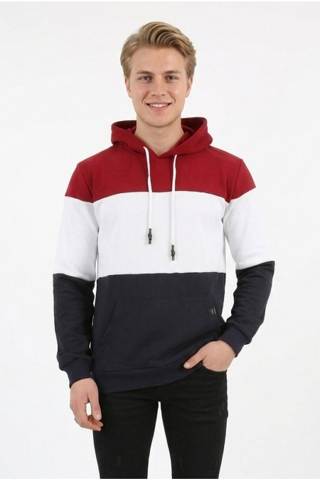 Erkek Üç İplik Şardonlu Kapüşonlu Parçalı Kanguru Cepli Günlük Sweatshirt