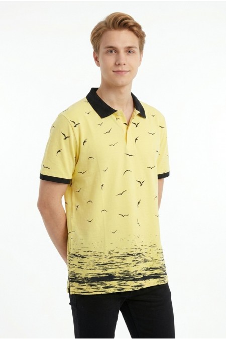Erkek Martı Desenli Garnili Polo Yaka Kısa Kollu Slim Fit Pamuklu Tişört