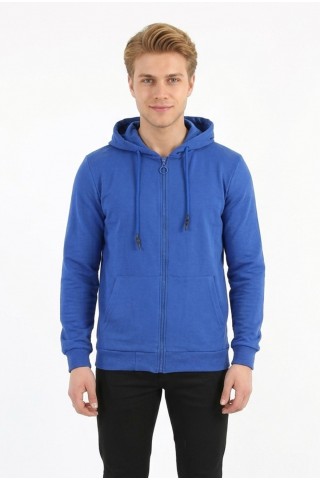 Üç İplik Düz Kapşonlu Fermuarlı Kanguru Cepli Erkek Günlük Sweatshirt
