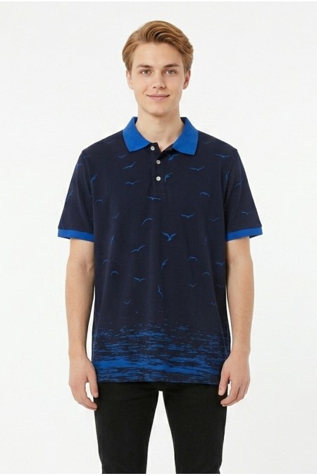Erkek Martı Desenli Garnili Polo Yaka Kısa Kollu Slim Fit Pamuklu Tişört