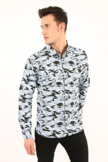 Erkek Kamuflaj Desenli Slim Fit Çift Cepli Apolet Detaylı Uzun Kollu Pamuklu Gömlek