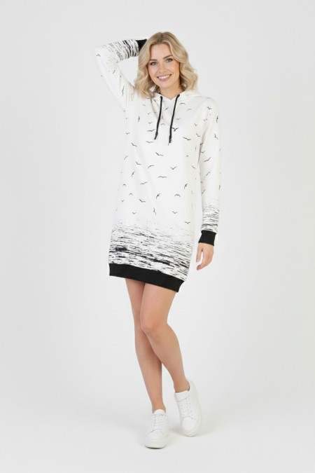 Kadın Beyaz Martı Desenli Kapüşonlu Cepli Uzun Kollu Jakarlı İnterlok Penye Sweatshirt Elbise