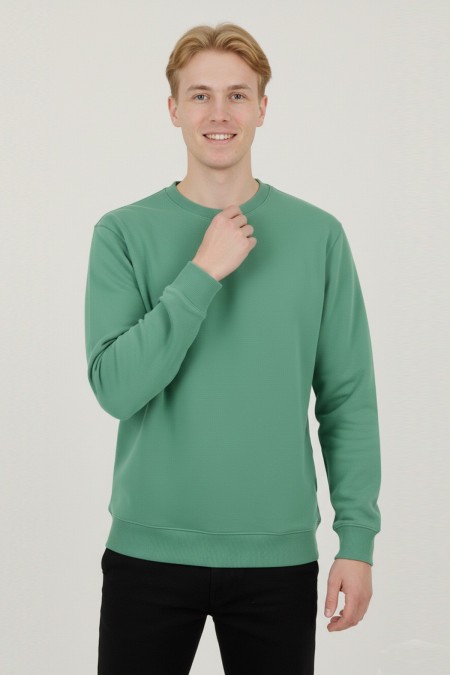 Erkek Yeşil Oversize Bisiklet Yaka Basic Pamuklu Üç İplik Şardonlu Sweatshirt