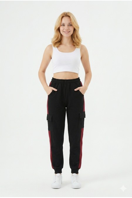 Kadın Şeritli Kargo Cepli Rahat Kesim Lastik Paçalı Günlük Spor Alt Eşofman