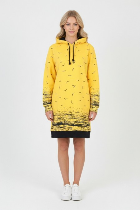 Kadın Sarı Martı Desenli Kapüşonlu Cepli Uzun Kollu Jakarlı İnterlok Penye Sweatshirt Elbise