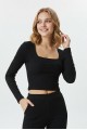 Kadın Kare Yaka Esnek Likralı Uzun Kollu Crop Bluz