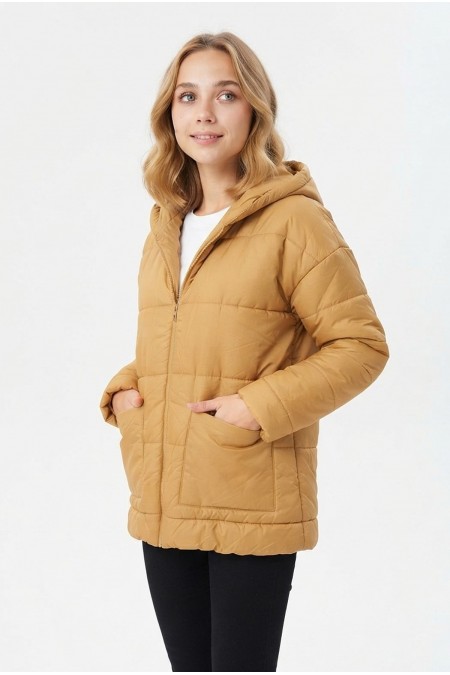 Kadın Fermuarlı Cepli Kapüşonlu Oversize Şişme Mont