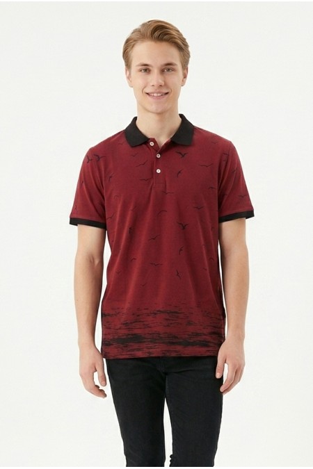 Erkek Martı Desenli Garnili Polo Yaka Kısa Kollu Slim Fit Pamuklu Tişört