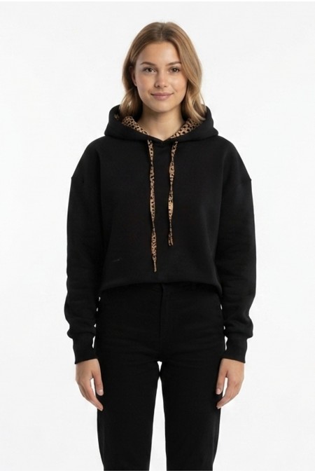 Kadın Leopar Detaylı Kapüşonlu Crop Oversize Kalın Sweatshirt