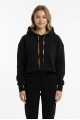 Kadın Leopar Detaylı Kapüşonlu Crop Oversize Kalın Sweatshirt
