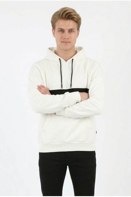 Erkek Üç İplik Kapşonlu Kalın Çizgili Kanguru Cepli Günlük Sweatshirt