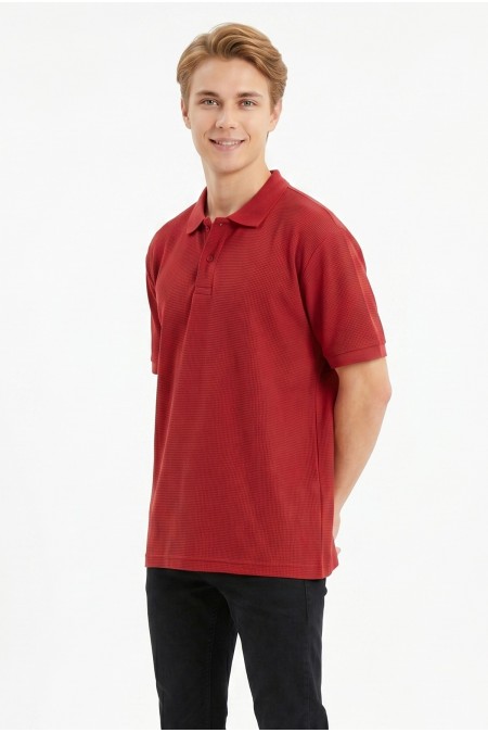 Erkek Kendinden Desenli Polo Yaka Kısa Kollu Slim Fit Dokulu Örme Tişört