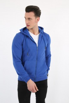 Düz Kapşonlu Fermuarlı Saks Sweat