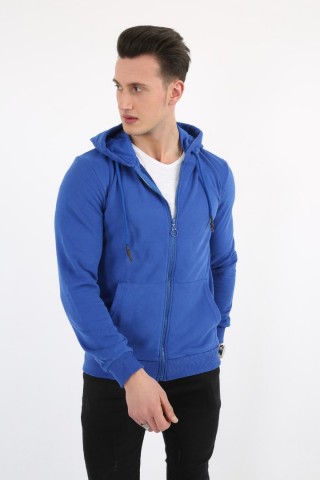 Düz Kapşonlu Fermuarlı Saks Sweat