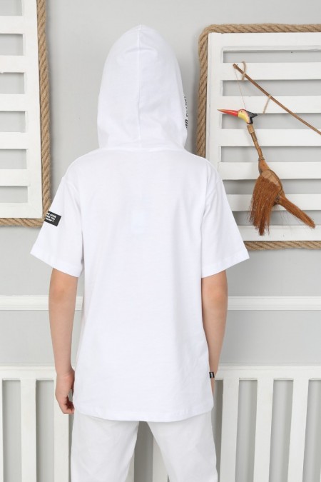 Kapşonlu Baskılı 100% Cotton Beyaz Tişört