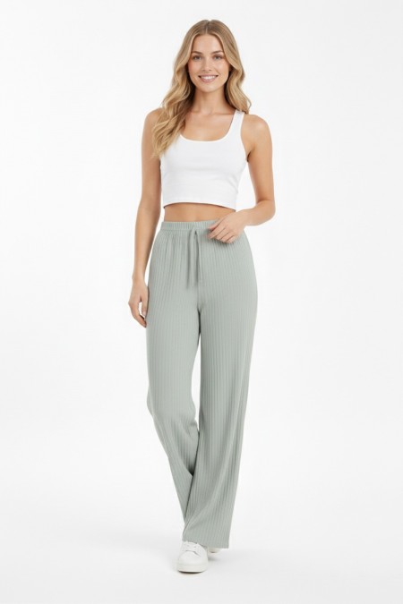 Kadın Mint Yüksek Bel Fitilli Örme Bağcıklı Esnek Likralı Geniş Paça Pantolon