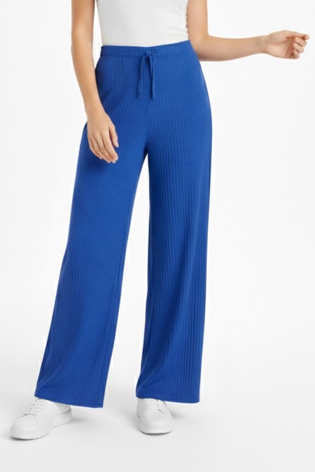 Kadın Saks Mavi Yüksek Bel Fitilli Örme Bağcıklı Esnek Likralı Geniş Paça Pantolon