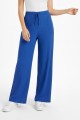 Kadın Saks Mavi Yüksek Bel Fitilli Örme Bağcıklı Esnek Likralı Geniş Paça Pantolon