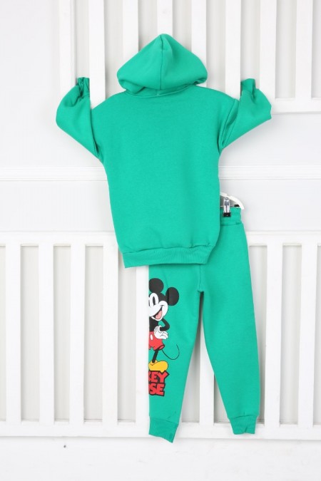 Üç İplik Şardonlu Kapşonlu Baskılı Yeşil Takım 