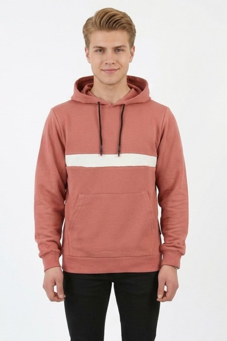 Erkek Üç İplik Kapşonlu Kalın Çizgili Kanguru Cepli Günlük Sweatshirt