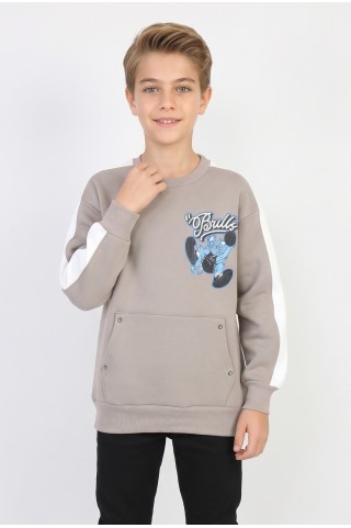 Erkek Çocuk Üç İplik Şardonlu Arka Bulls Yazılı ve Kol Şerit Detaylı Günlük Sweatshirt
