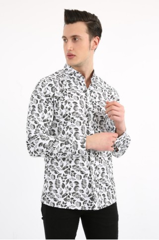 Yaprak Desenli Likralı Beyaz Gömlek
