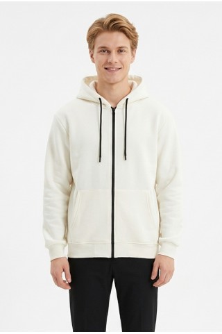 Üç İplik Düz Kapşonlu Fermuarlı Kanguru Cepli Erkek Günlük Sweatshirt