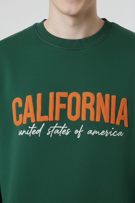 Erkek Yeşil Oversize Bisiklet Yaka California Nakış Baskılı Pamuklu Sweatshirt