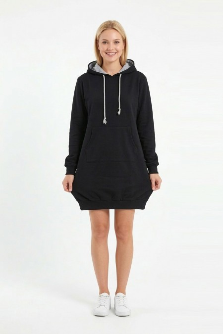 Kadın Siyah Kapüşonlu Kanguru Cep Detaylı Uzun Kollu  Sweatshirt Tunik Elbise