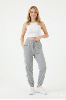 Bayan İki İplik Üç Çizgili Rahat Kesim Lastik Paçalı Cepli Günlük Spor Giyim Alt Eşofman