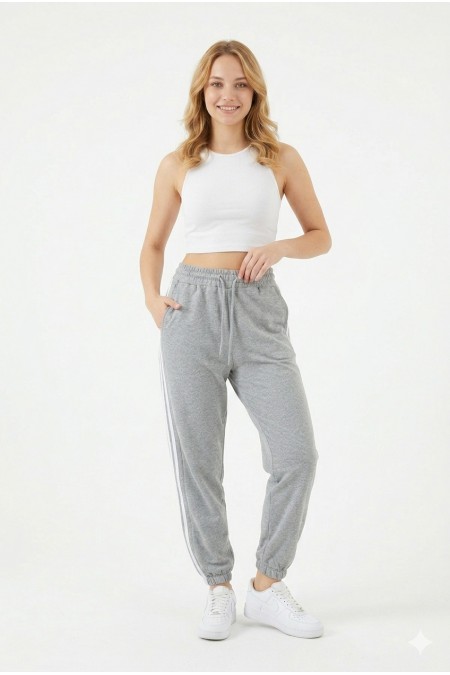 Bayan İki İplik Üç Çizgili Rahat Kesim Lastik Paçalı Cepli Günlük Spor Giyim Alt Eşofman