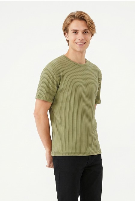 Erkek Fitilli Kumaş Bisiklet Yaka Slim Fit Esnek Kısa Kollu Yazlık Tişört