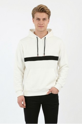 Erkek Üç İplik Kapşonlu Kalın Çizgili Kanguru Cepli Günlük Sweatshirt