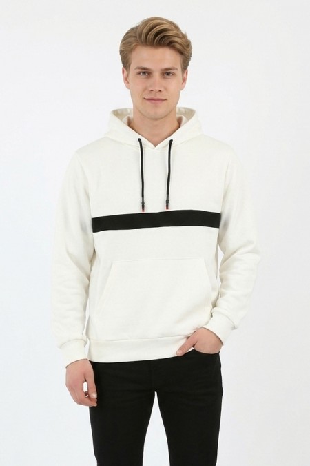 Erkek Üç İplik Kapşonlu Kalın Çizgili Kanguru Cepli Günlük Sweatshirt