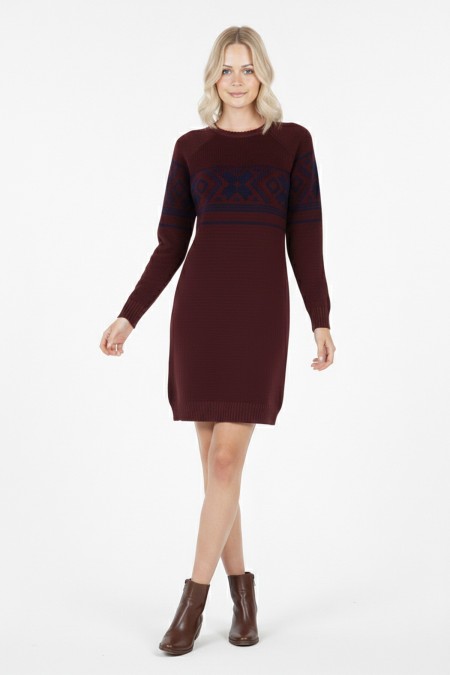  Kadın Bordo Kar Tanesi Desenli Bisiklet Yaka Raglan Kol Jakarlı Triko Mini Kazak Tunik