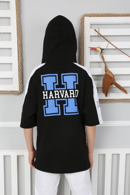 Kapşonlu 100% Cotton Baskılı Siyah Tişört