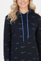 Kadın Lacivert Martı Desenli Kapüşonlu Cepli Uzun Kollu Jakarlı İnterlok Penye Sweatshirt Elbise