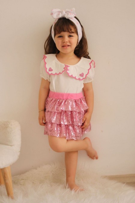 Bebe Yaka Tişört Ve Pullu Etekli Pembe Takım