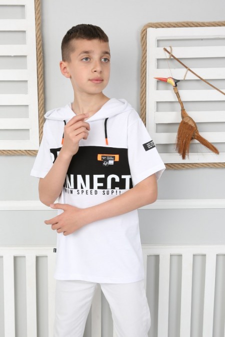 Kapşonlu Baskılı 100% Cotton Beyaz Tişört