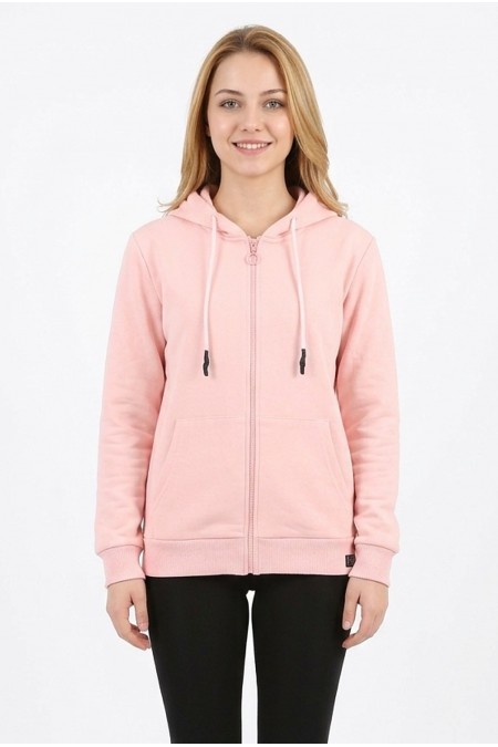 Kadın Üç İplik Şardonsuz Düz Kapüşonlu Fermuarlı Kanguru Cepli Günlük Sweatshirt