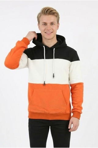 Erkek Üç İplik Şardonlu Kapüşonlu Parçalı Kanguru Cepli Günlük Sweatshirt