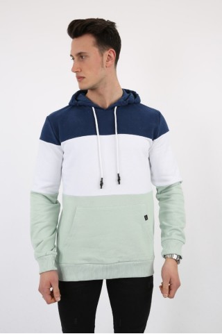 Üç Şardonlu Kapşonlu Parçalı Kanguru Cepli Erkek Günlük Sweatshirt